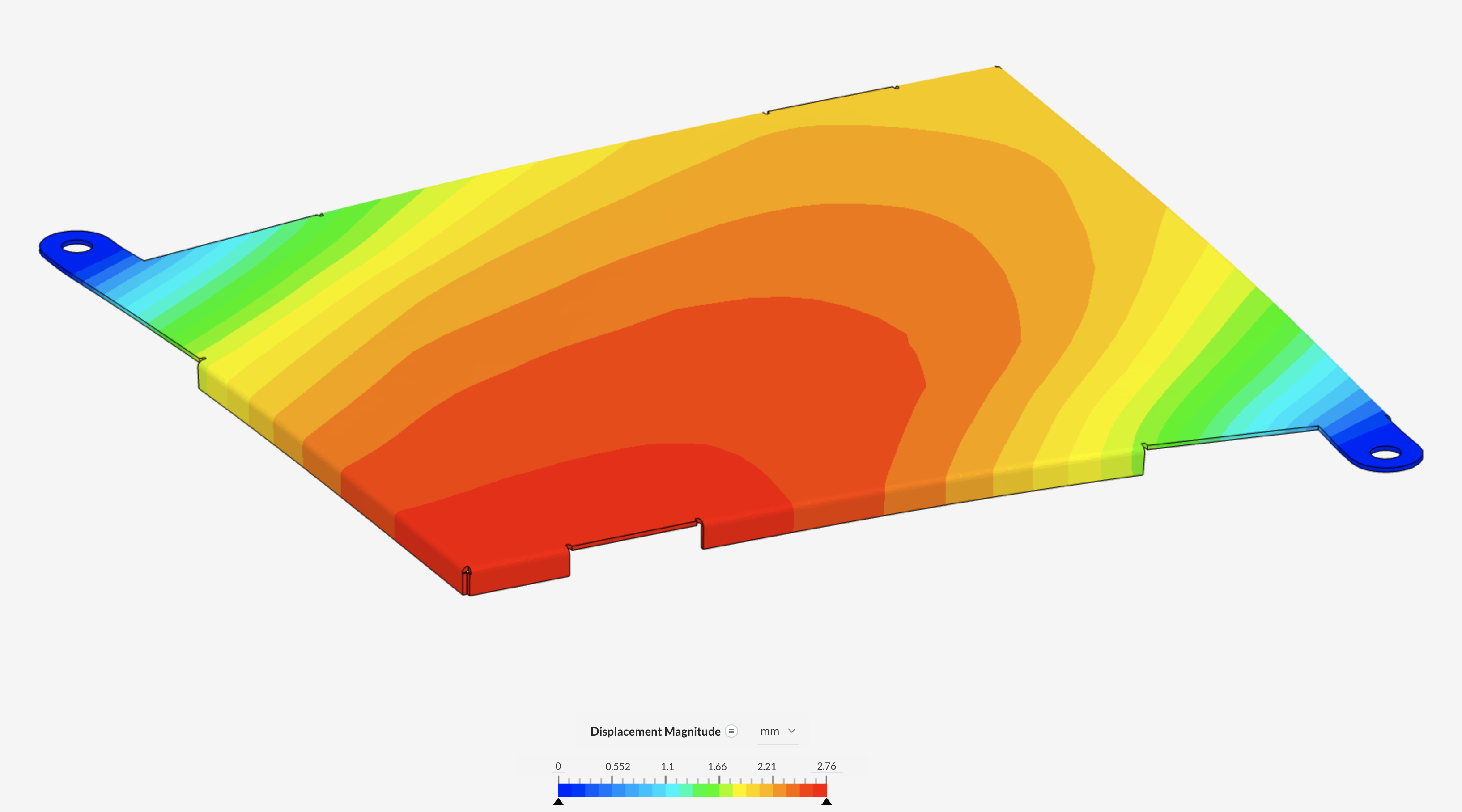 FEA displacement plot of the full battery cover held at its two corner screw tabs under a 0.5 MPa swelling pressure, with displacement greatest (red, up to 2.76 mm) along the middle of the long edge and least (blue) at the screw tabs