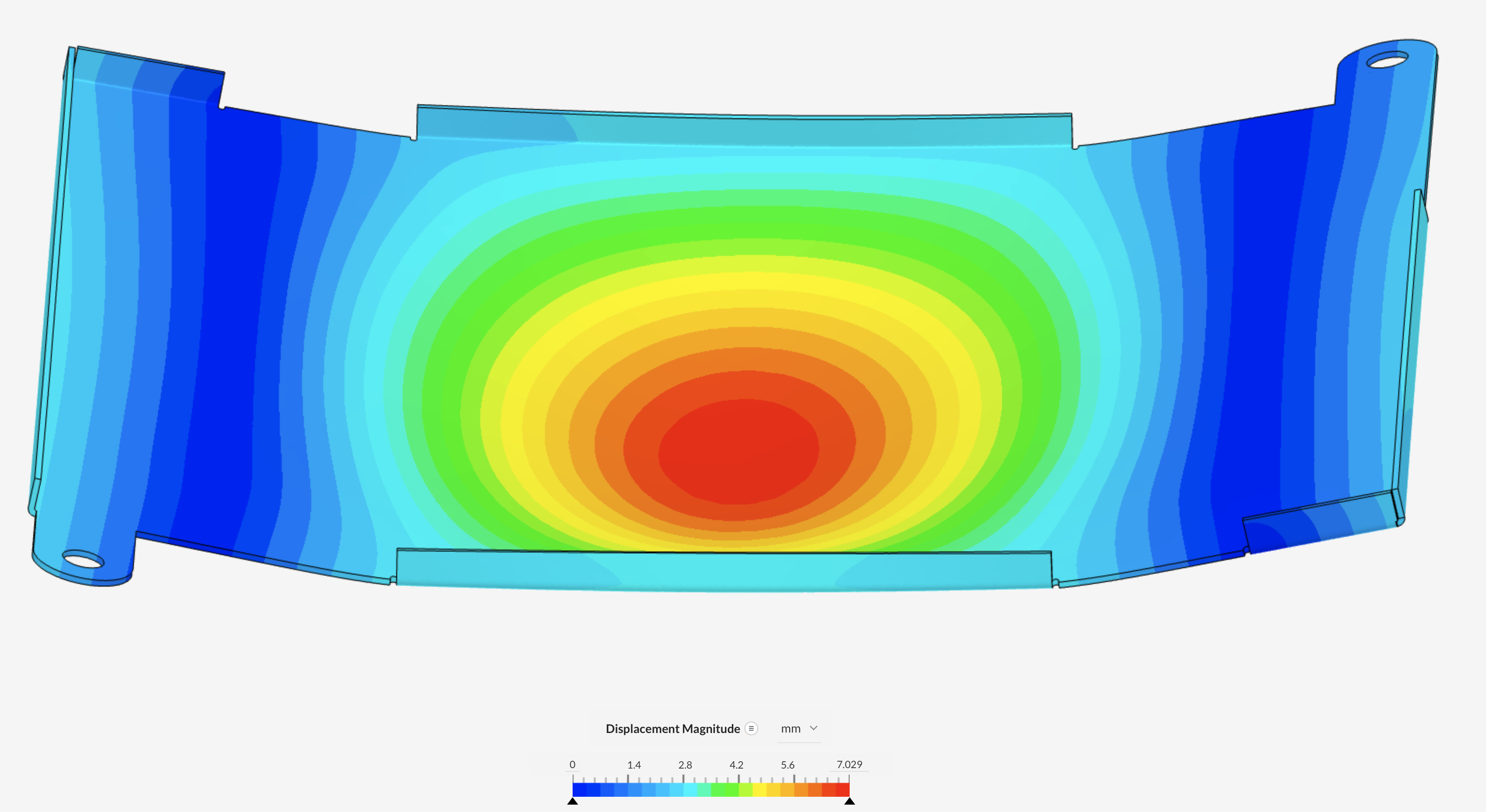 FEA displacement plot of the battery cover in three-point bending, with the largest displacement (red) at the centre and the least (blue) at the supported ends