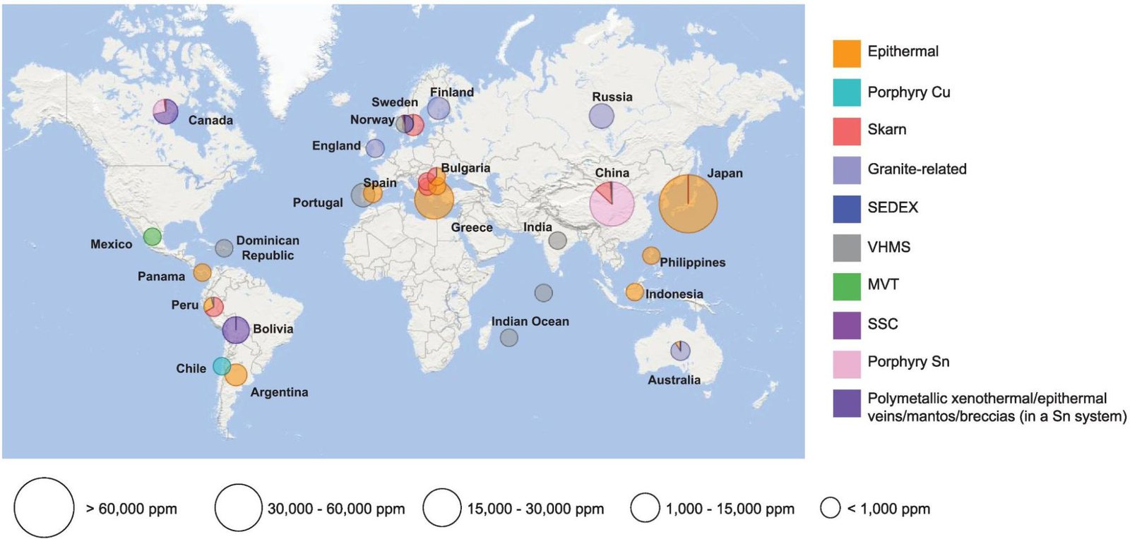 World map of indium-bearing mineral occurrences, with bubbles sized by average indium concentration and coloured by deposit type; large concentrations appear in China, Japan, Bolivia, Peru and parts of Europe